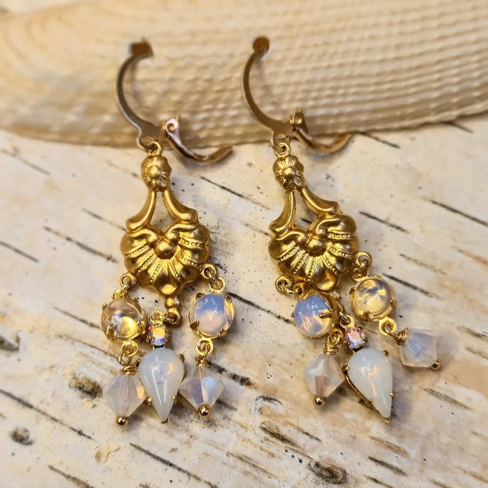 Victorian Opalite & Milky White Crystal Gold Plated Chandelier Art Deco Earrings - Picture 2 of 9